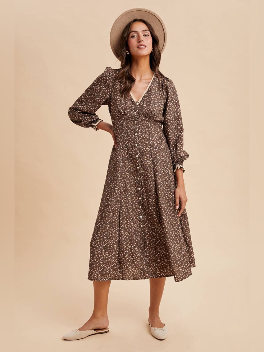 In Loom Floral Boho Cottagecore Button Down Midi Dress - Chestnut NWT